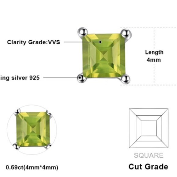 Jewelry earrings stud square princess green peridot 4mm 925 sterling silver - Picture 4 of 4